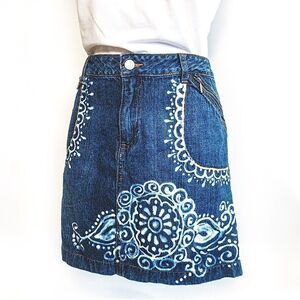 Artisan Upcycled Hand Embellished Bluejean Denim Skirt Sz 14.5 JR
